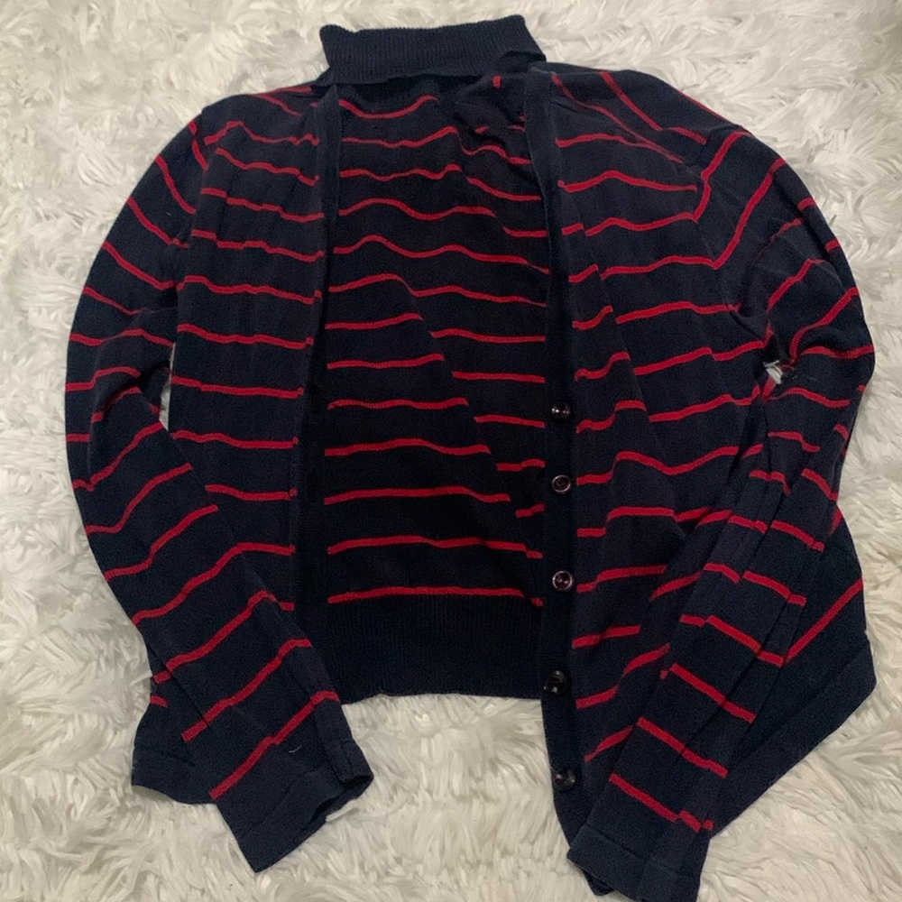 Carlisle Red/Blue 100% Silk Mock-Neck Cardigan Set